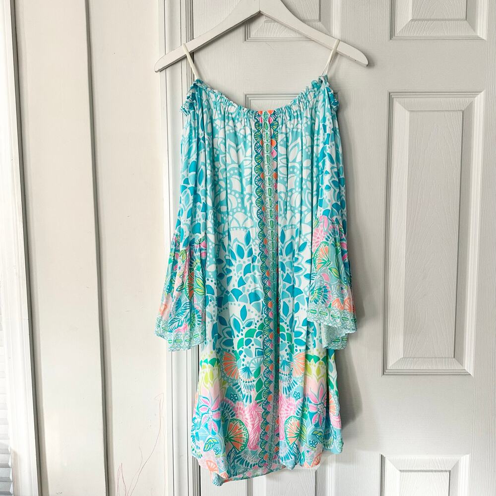 Lilly Pulitzer Nevie Blue Off Shoulder Bell Sleeve Dress Multi Caribbean Citrus - Picture 4 of 9